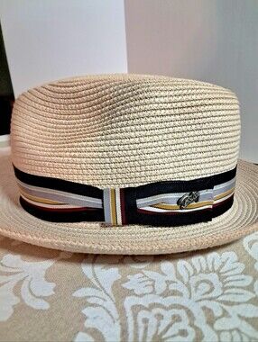Bailey of Hollywood Salem Fedora Natural Straw with Striped Band Large LIKE NEW!